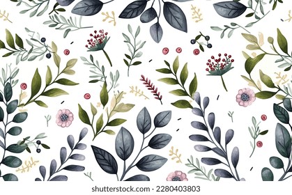 seamless classic pattern with hand drawn watercolor flowers and leaves, small objects and background