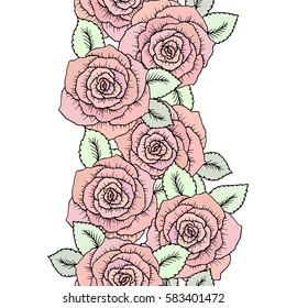 Seamless classic pattern made of roses. Beautiful pink red flowers. Vintage background hand-drawn blooming flowers. Drawing engraving textile. Freehand. Fresh spring wallpaper in soft pastel colors