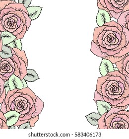 Seamless classic pattern made of roses. Beautiful pink red flowers. Vintage background hand-drawn blooming flowers. Drawing engraving textile. Freehand. Fresh spring wallpaper in soft pastel colors