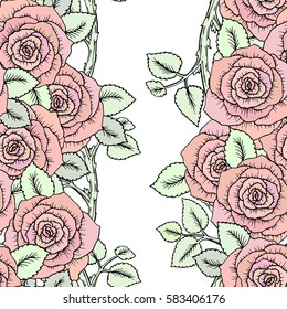 Seamless classic pattern made of roses. Beautiful pink red flowers. Vintage background hand-drawn blooming flowers. Drawing engraving textile. Freehand. Fresh spring wallpaper in soft pastel colors