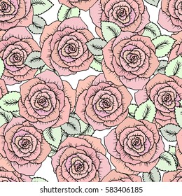 Seamless classic pattern made of roses. Beautiful pink red flowers. Vintage background hand-drawn blooming flowers. Drawing engraving textile. Freehand. Fresh spring wallpaper in soft pastel colors