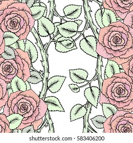 Seamless classic pattern made of roses. Beautiful pink red flowers. Vintage background hand-drawn blooming flowers. Drawing engraving textile. Freehand. Fresh spring wallpaper in soft pastel colors