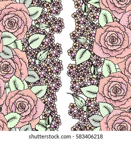 Seamless classic pattern made of roses. Beautiful pink red flowers. Vintage background hand-drawn blooming flowers. Drawing engraving textile. Freehand. Fresh spring wallpaper in soft pastel colors