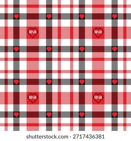 Patrón clásico de cuadros sin costuras decorado con corazones y texto LOVE, inspirado en texturas de tela acogedoras y romance vintage.