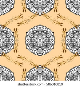 Seamless classic vector beige and golden pattern. Traditional orient ornament with white doodles. Classic vintage background.