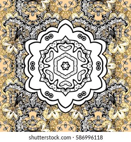 Seamless classic vector beige and golden pattern. Traditional orient ornament with white doodles. Classic vintage background.