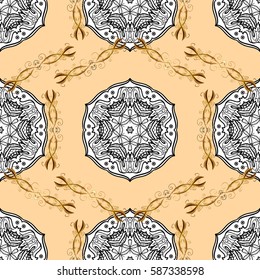 Seamless classic vector beige and golden pattern. Traditional orient ornament with white doodles. Classic vintage background.