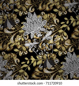 Seamless classic vector black and golden pattern. Traditional orient ornament with white doodles. Classic vintage background.