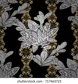 Seamless classic vector black, neutral and gray and golden pattern. Traditional orient ornament with white doodles. Classic vintage background.