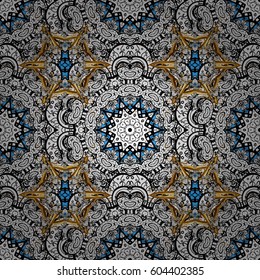 Seamless classic vector blue and golden pattern. Traditional orient ornament with white doodles. Classic vintage background.