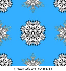 Seamless classic vector blue and golden pattern. Traditional orient ornament with white doodles. Classic vintage background.