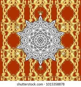 Seamless classic vector golden pattern. Traditional orient ornament, classic vintage background. Seamless pattern on orange, yellow and brown colors with golden elements.
