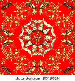 Seamless classic vector golden pattern. Classic vintage background. Seamless pattern on red colors with golden elements and white doodles. Traditional orient ornament.
