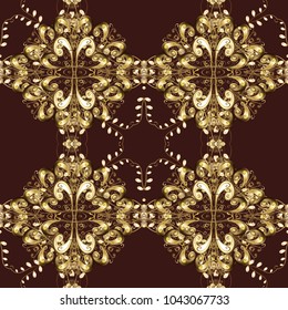 Seamless classic vector golden pattern. Seamless pattern on brown, beige and yellow colors with golden elements. Vector illustration. Traditional orient ornament. Classic vintage background.