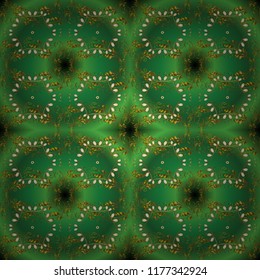 Seamless classic vector golden pattern. Vector illustration. Seamless pattern on green, brown and yellow colors with golden elements. Classic vintage background. Traditional orient ornament.