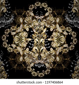 Seamless classic vector golden pattern. Seamless pattern on black, brown and beige colors with golden elements. Classic vintage background. Traditional orient ornament.
