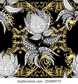 Seamless classic vector golden pattern. Floral ornament brocade textile pattern, glass, metal with floral pattern on black colors with golden elements.