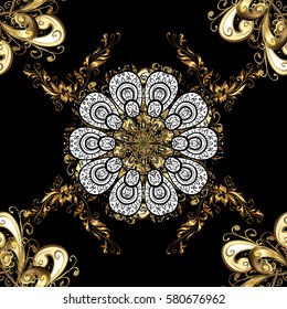 Seamless classic vector golden pattern. Floral ornament brocade textile pattern, glass, metal with floral pattern on black background with golden elements.