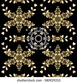 Seamless classic vector golden pattern. Floral ornament brocade textile pattern, glass, metal with floral pattern on black background with golden elements.