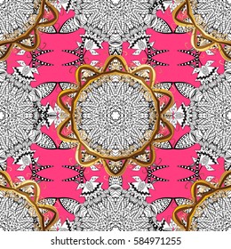 Seamless classic vector golden pattern. Golden pattern on pink background with golden elements. Traditional orient ornament. Classic vintage background.