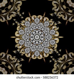 Seamless classic vector golden pattern. Seamless pattern on black background with golden elements and white doodles. Traditional orient ornament. Classic vintage background.