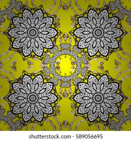 Seamless classic vector golden pattern. Floral ornament brocade textile pattern, glass, metal with floral pattern on yellow background with golden elements.