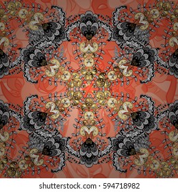 Seamless classic vector golden pattern. Floral ornament brocade textile pattern, glass, metal with floral pattern on pink background with golden elements.