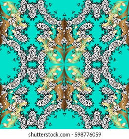 Seamless classic vector golden pattern. Traditional orient ornament. Classic vintage background. Seamless pattern on blue background with golden elements and white doodles.