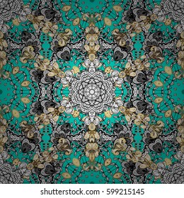 Seamless classic vector golden pattern. Traditional orient ornament. Classic vintage background. Seamless pattern on blue background with golden elements and white doodles.