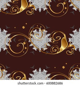 Seamless classic vector golden pattern. Floral ornament brocade textile pattern, glass, metal with floral pattern on brown background with golden elements.