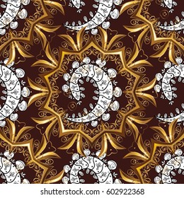 Seamless classic vector golden pattern. Floral ornament brocade textile pattern, glass, metal with floral on brown background with golden elements.