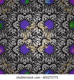 Seamless classic vector golden pattern. Classic vintage background. Seamless pattern on violet background with golden elements and white doodles. Traditional orient ornament.