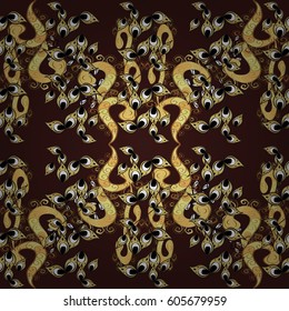 Seamless classic vector golden pattern. Floral ornament brocade textile pattern, glass, metal with floral pattern on brown background with golden elements.