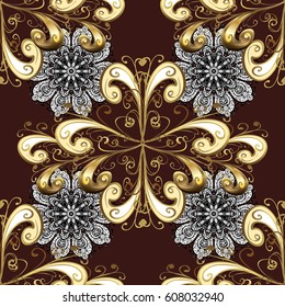 Seamless classic vector golden pattern. Traditional orient ornament, classic vintage background. Seamless pattern on brown background with golden elements.