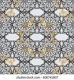 Seamless classic vector golden pattern. Floral ornament brocade textile pattern, glass, metal with floral pattern on gray background with golden elements.