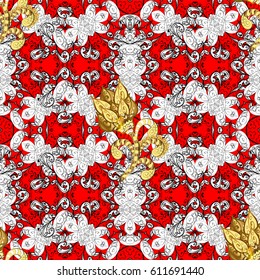 Seamless classic vector golden pattern. Classic vintage background. Golden pattern on red background with golden elements. Traditional orient ornament.