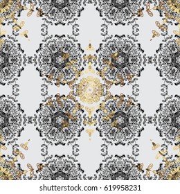Seamless classic vector golden pattern. Seamless pattern on gray background with golden elements and white doodles. Traditional orient ornament. Classic vintage background.