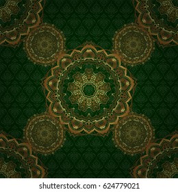 Seamless classic vector golden pattern. Traditional orient ornament. Classic vintage ornament on a green background.