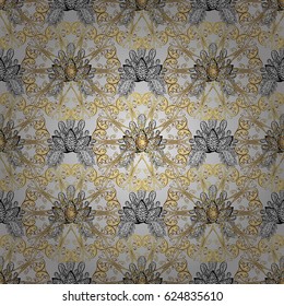 Seamless classic vector golden pattern. Floral ornament brocade textile pattern, glass, metal with floral pattern on gray background with golden elements.