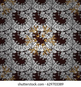 Seamless classic vector golden pattern. Floral ornament brocade textile pattern, glass, metal with floral pattern on brown background with golden elements.