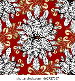 Seamless classic vector golden pattern. Classic vintage background. Traditional orient ornament. Vector illustration. Seamless pattern on red background with golden elements.