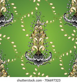 Seamless classic vector golden pattern. Classic vintage background. Seamless pattern on green gradient background with golden elements and white doodles. Traditional orient ornament.