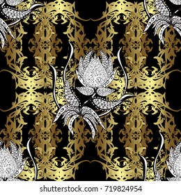 Seamless classic vector golden pattern. Classic vintage background. Seamless pattern on black, neutral and brown colors with golden elements and white doodles. Traditional orient ornament.