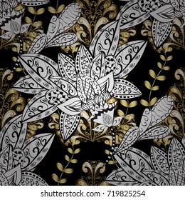 Seamless classic vector golden pattern. Traditional orient ornament. Classic vintage background. Seamless pattern on black, white and gray colors with golden elements and white doodles.