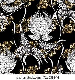 Seamless classic vector golden pattern. Traditional orient ornament. Classic vintage background. Golden pattern on black, white and gray colors with golden elements.