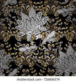Seamless classic vector golden pattern. Floral ornament brocade textile pattern, glass, metal with floral pattern on black, white and gray colors with golden elements.