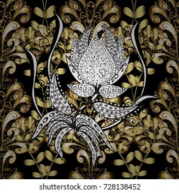 Seamless classic vector golden pattern. Traditional orient ornament, classic vintage background. Seamless pattern on black, white and yellow colors with golden elements.