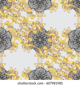Seamless classic vector gray and golden pattern. Traditional orient ornament with white doodles. Classic vintage background.
