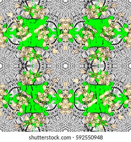 Seamless classic vector green and golden pattern. Traditional orient ornament with white doodles. Classic vintage background.