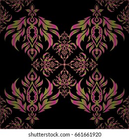 Seamless classic vector green and magenta pattern. Traditional orient ornament on a black background.